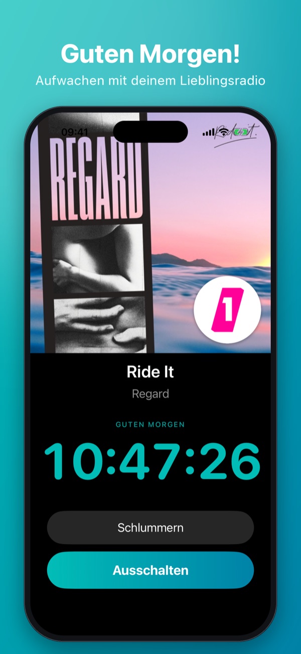 Guten Morgen! Aufwachen mit deinem Lieblingsradio – Weckansicht mit Cover, Uhrzeit, Schlummern und Ausschalten