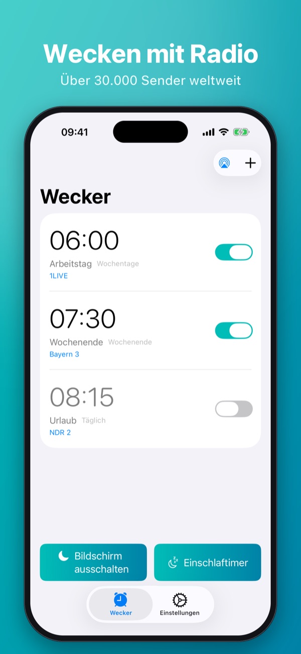 Wecken mit Radio – Weckerliste mit mehreren Weckern und Radiosendern