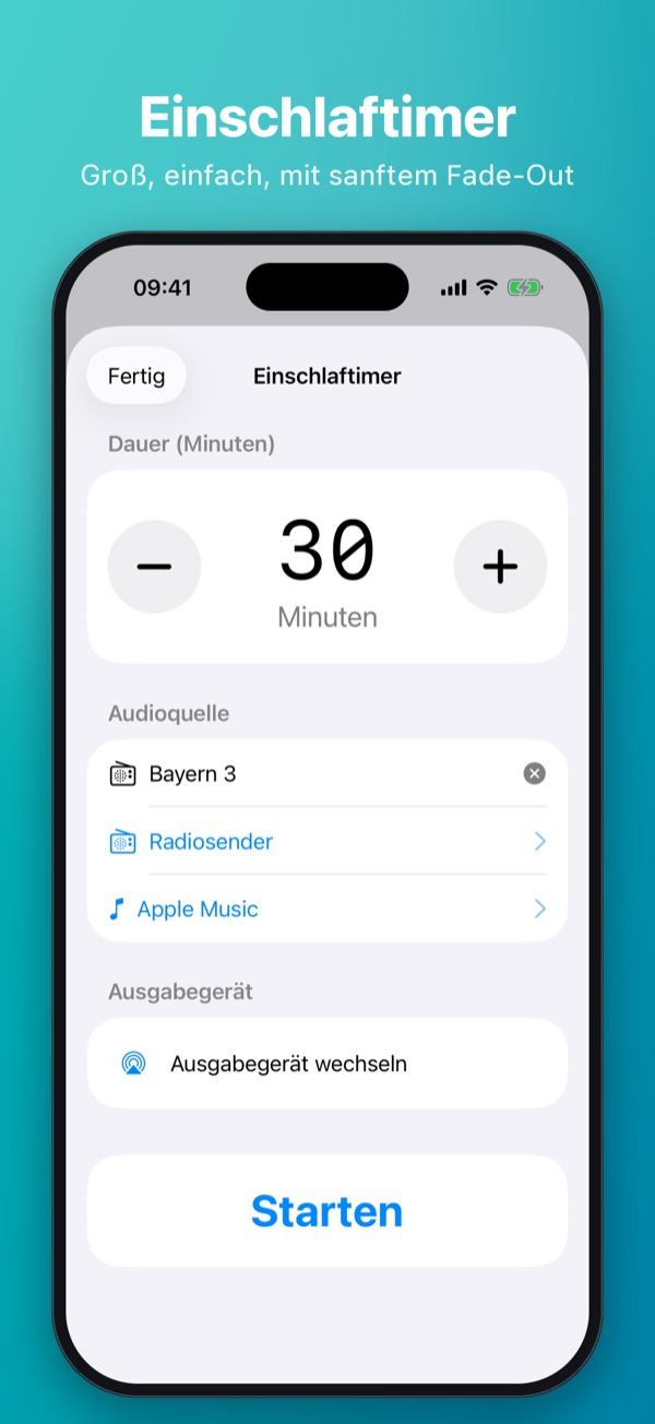 Einschlaftimer – Dauer, Audioquelle und Ausgabegerät wählen