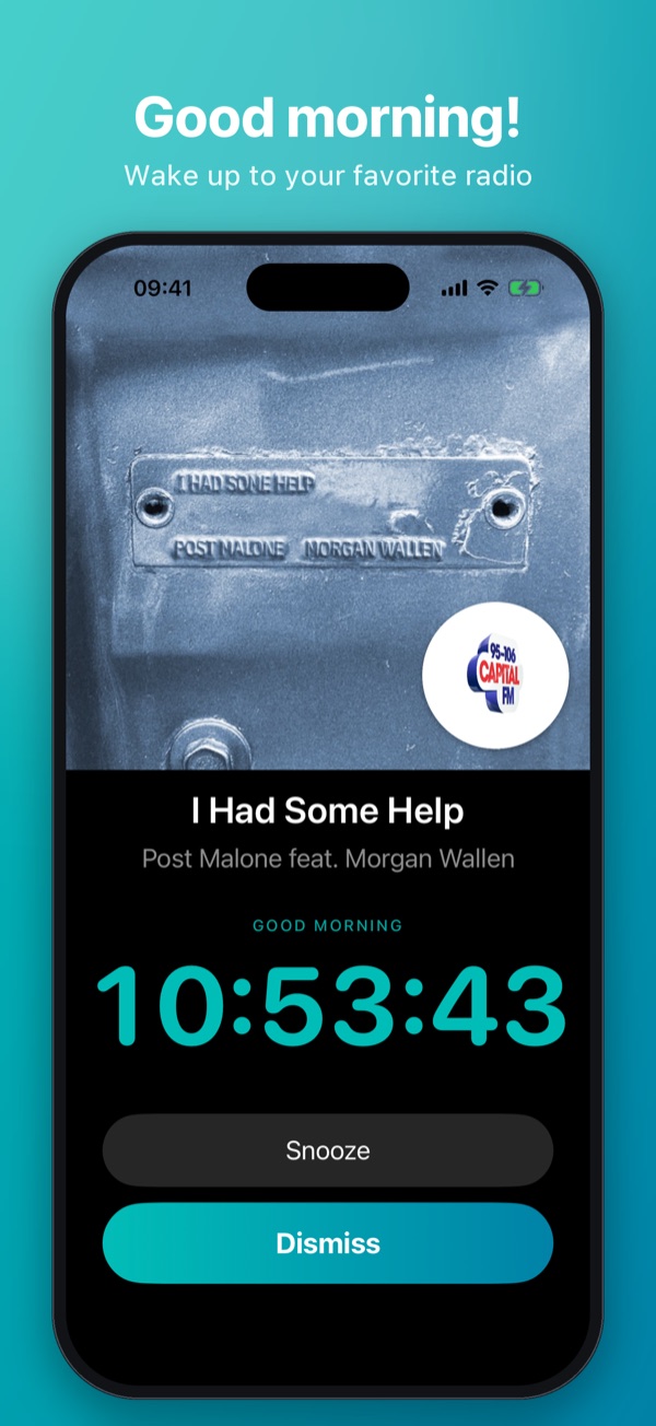 Good morning! Wake up to your favorite radio – alarm screen with cover art, time, Snooze and Dismiss