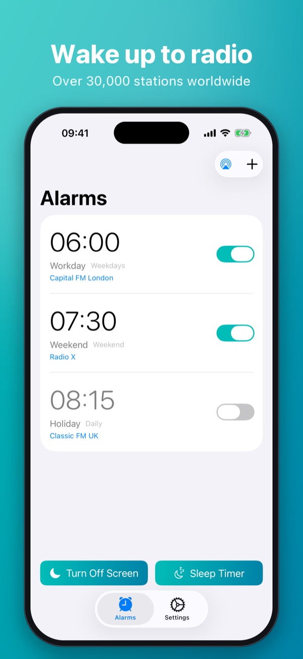Wake up to radio – alarm list with several alarms and radio stations