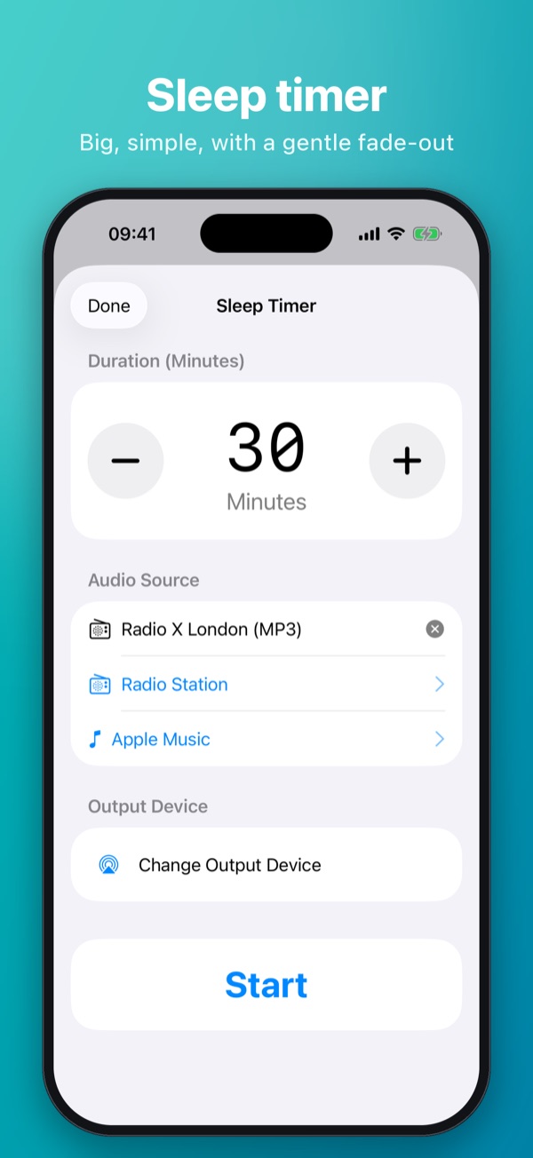 Sleep timer – choose duration, audio source and output device