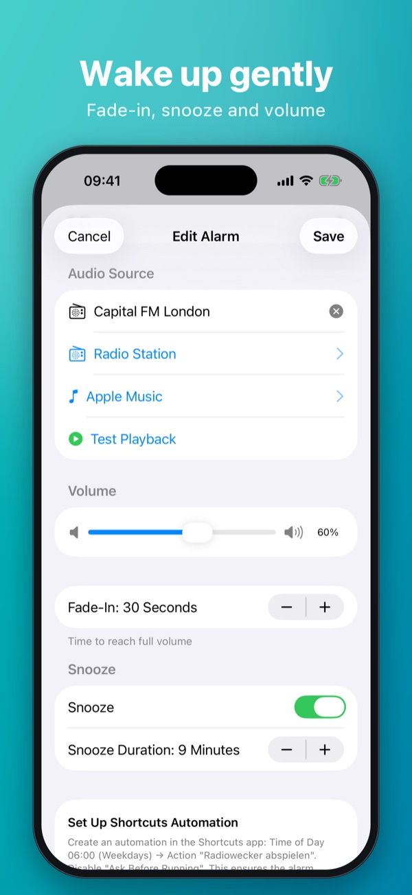 Wake up gently – edit alarm with fade-in, snooze and volume